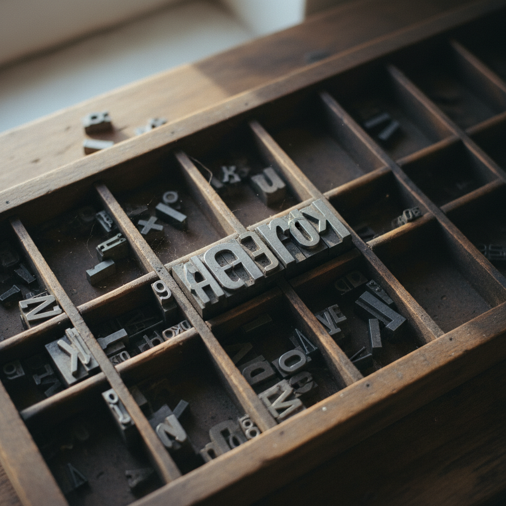 A detailed close-up of a vintage printing press letter tray with metal type characters neatly organized.