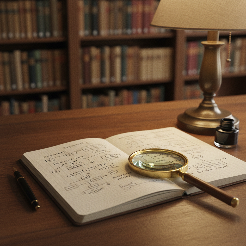 A hand-written research notebook open on a wooden table next to a magnifying glass and a fountain pen.