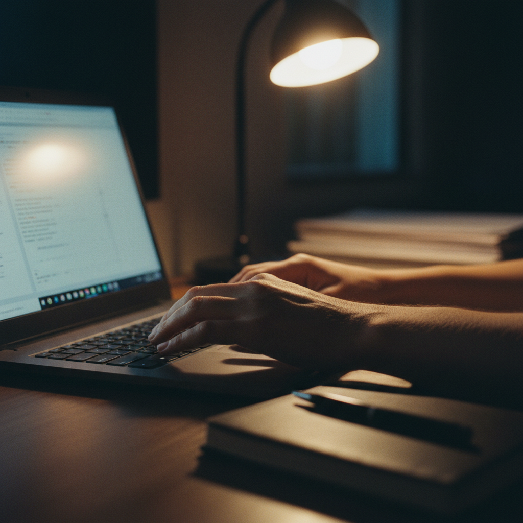 A close-up of a person's hands typing a commercial prompt into a laptop keyboard.