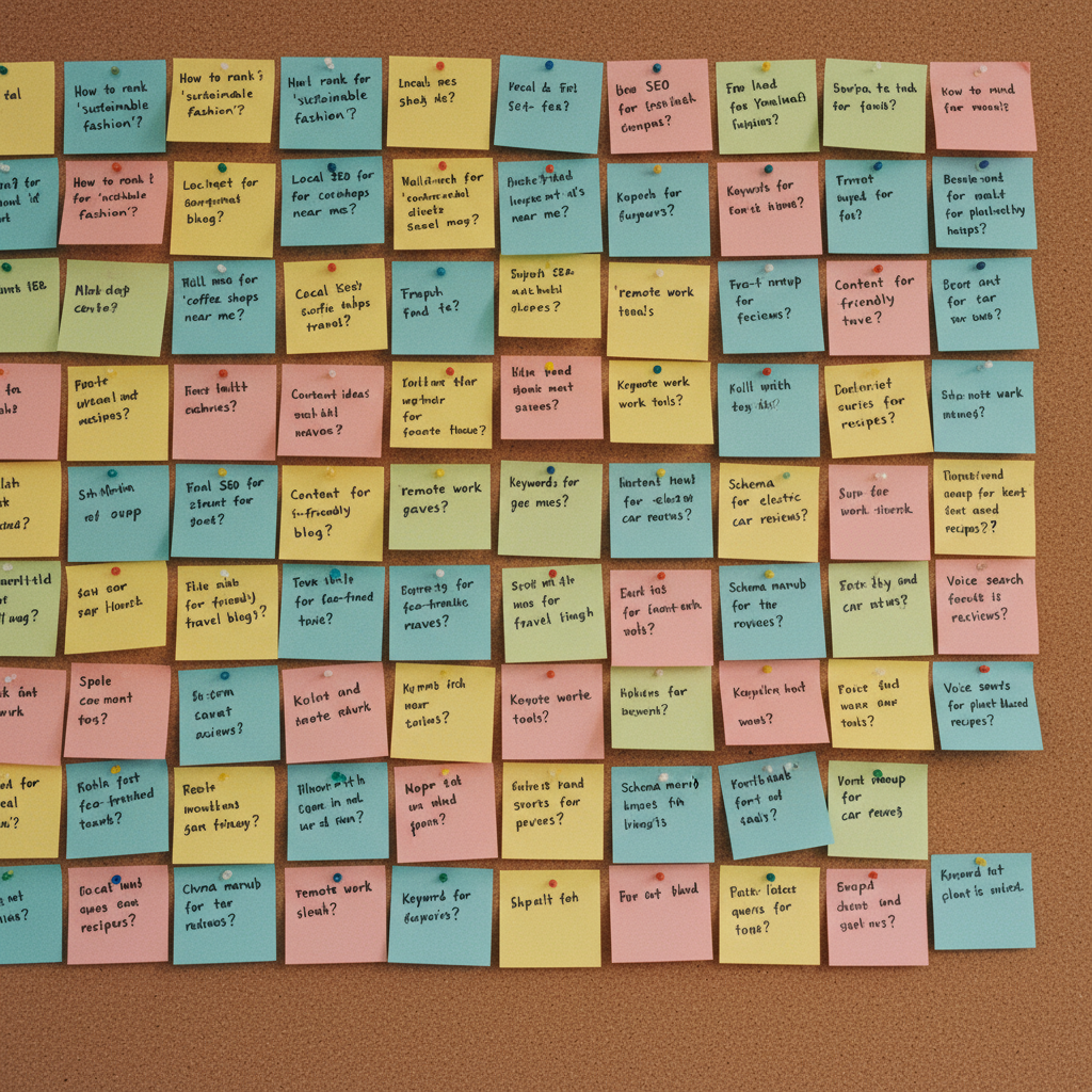 A wall covered in sticky notes, each with a different commercial prompt written on it.
