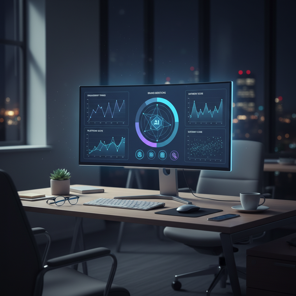 A data dashboard showing real-time metrics for AI search visibility across different platforms.