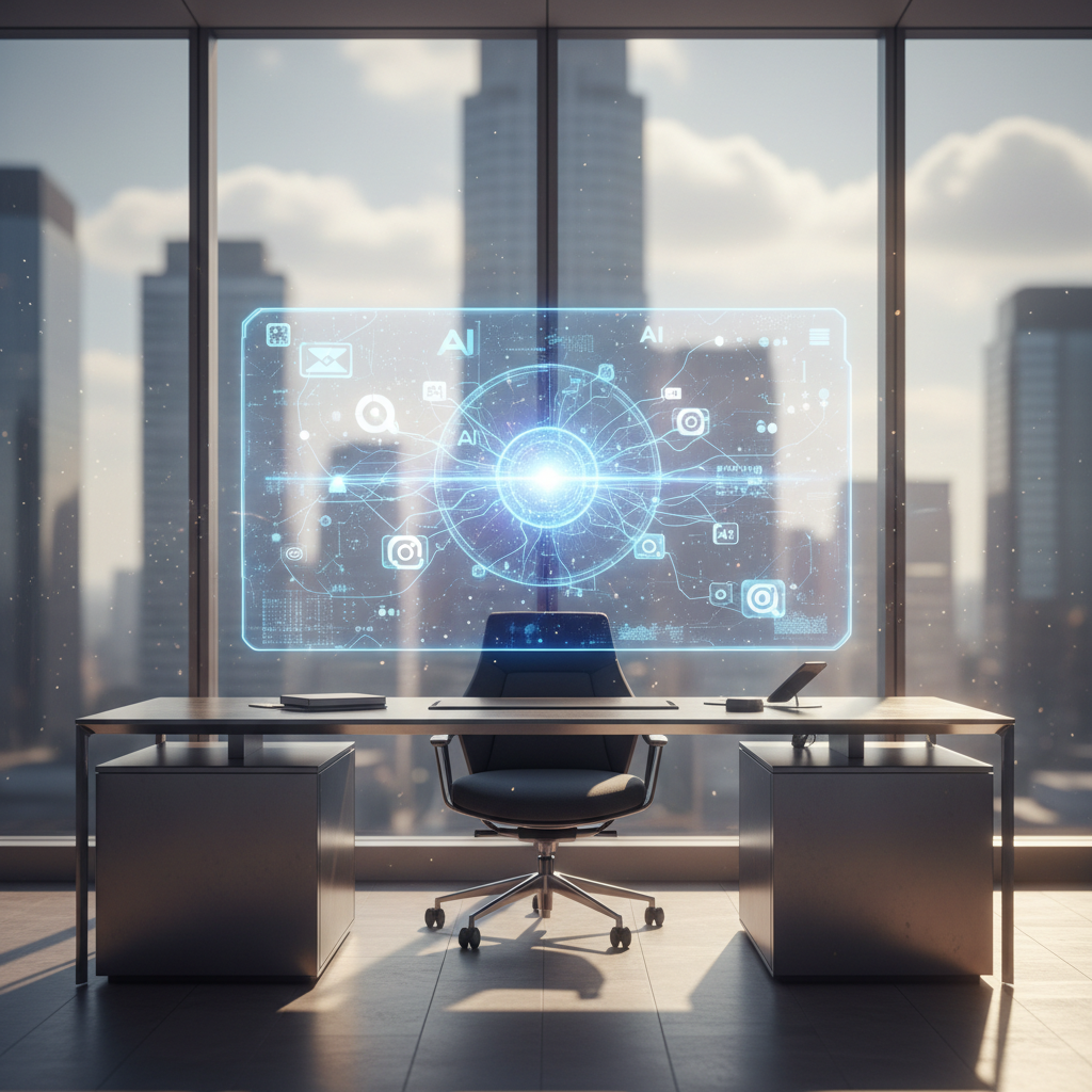 A futuristic digital landscape showing data nodes connecting a central brand logo to various AI search interfaces.