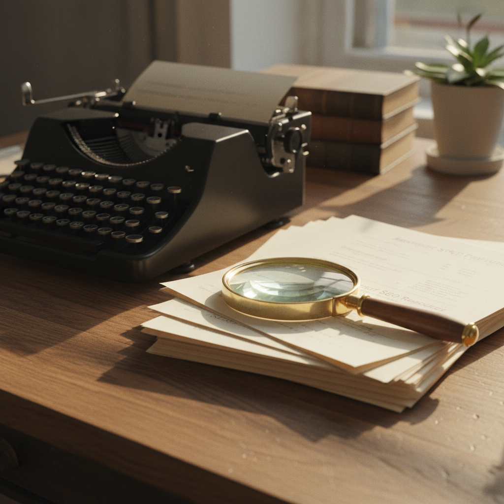 Top-down view of a classic wooden desk with a vintage typewriter, a magnifying glass, and a neatly stacked pile of typed research reports.