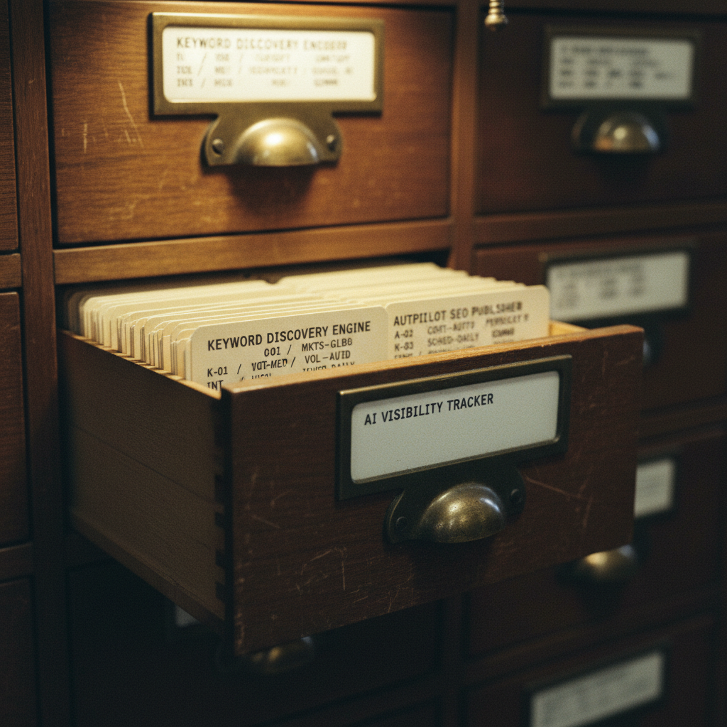 A focused shot of a library index card drawer, partially open, showing organized cards with metadata.