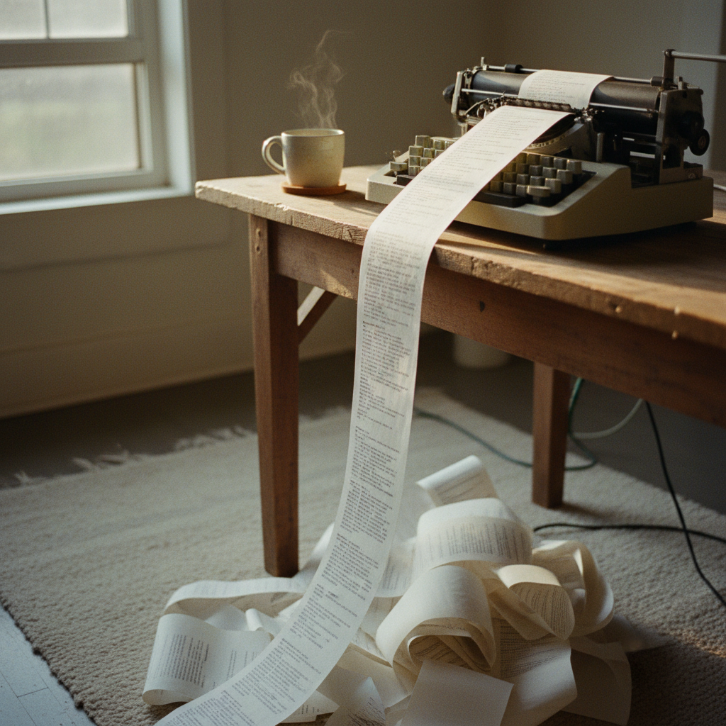 A vintage teletype machine printing out a long scroll of paper in a warmly lit office, symbolizing automated content generation.