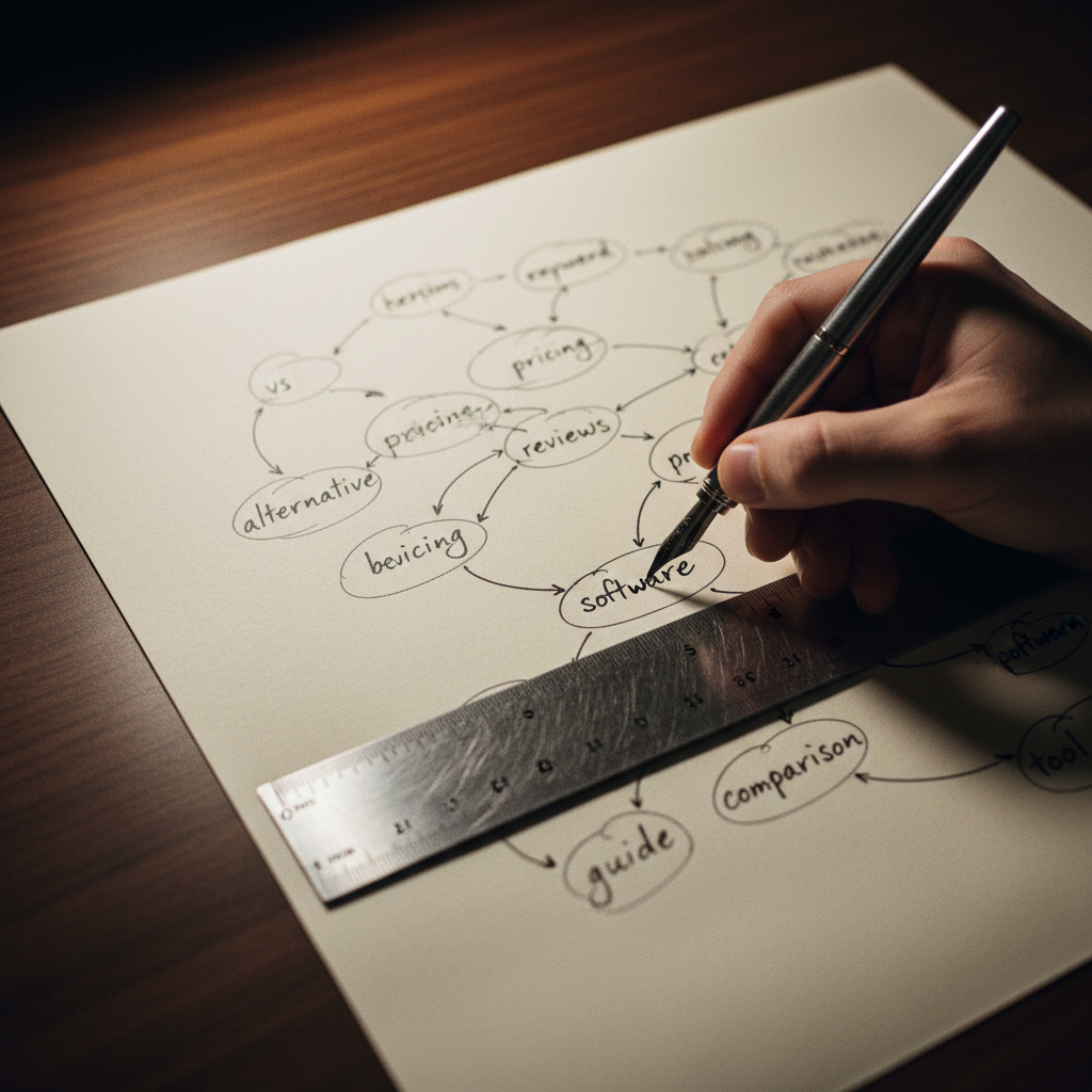 A close-up shot of a keyword map drawn with a fountain pen on high-quality paper, showing connections between topics.
