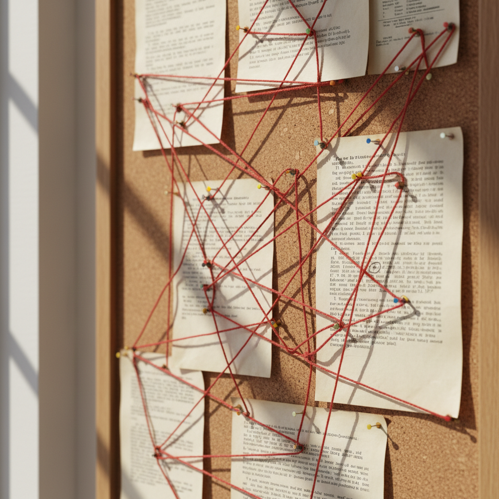 A physical web of strings connecting different documents on a corkboard.