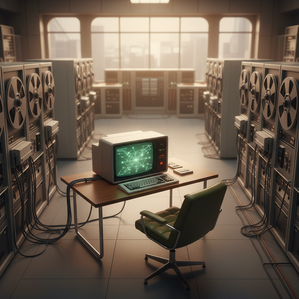 A vintage 1970s futuristic control room with analog switches and glowing screens showing data nodes.