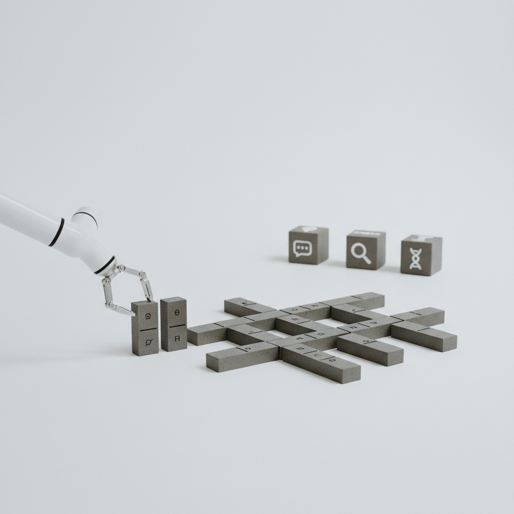 Een geautomatiseerde robotarm die zorgvuldig dominostenen plaatst, als metafoor voor het bouwen van een interne linkstructuur.