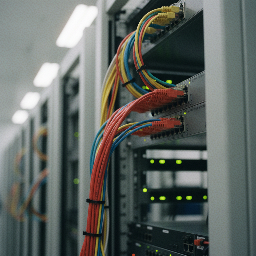 A close-up of a server rack with network cables neatly organized and plugged into a switch, representing site architecture.