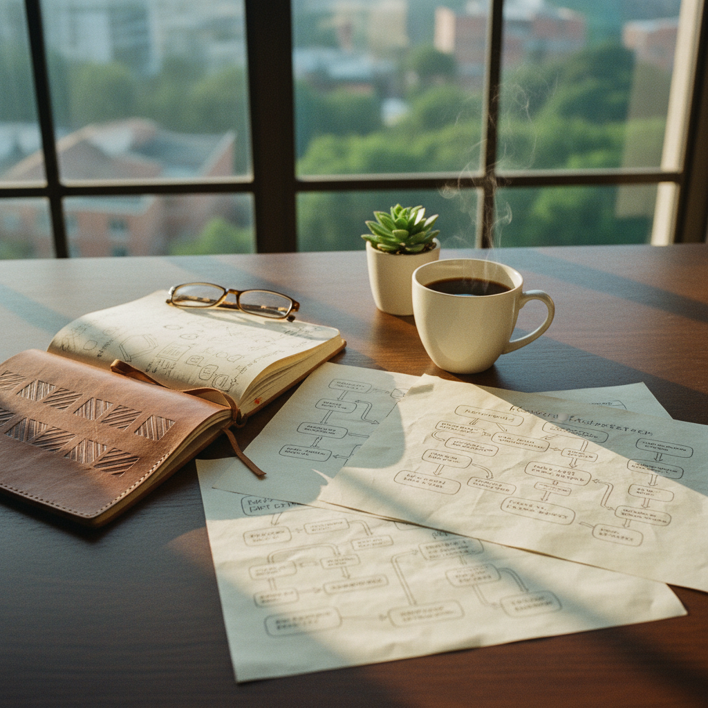 Escritorio de trabajo con libreta de cuero, café colombiano y planos de arquitectura de información sobre madera oscura.