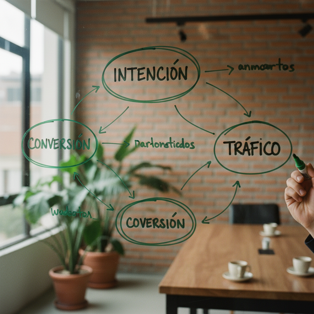 Detalle de una pizarra de vidrio con anotaciones sobre estrategia de contenido y flechas de interconexión.