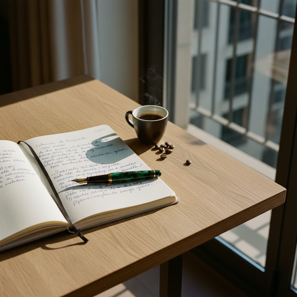 Un escritorio de madera con un cuaderno abierto, una pluma estilográfica y una taza de café solo en una oficina luminosa en Madrid.