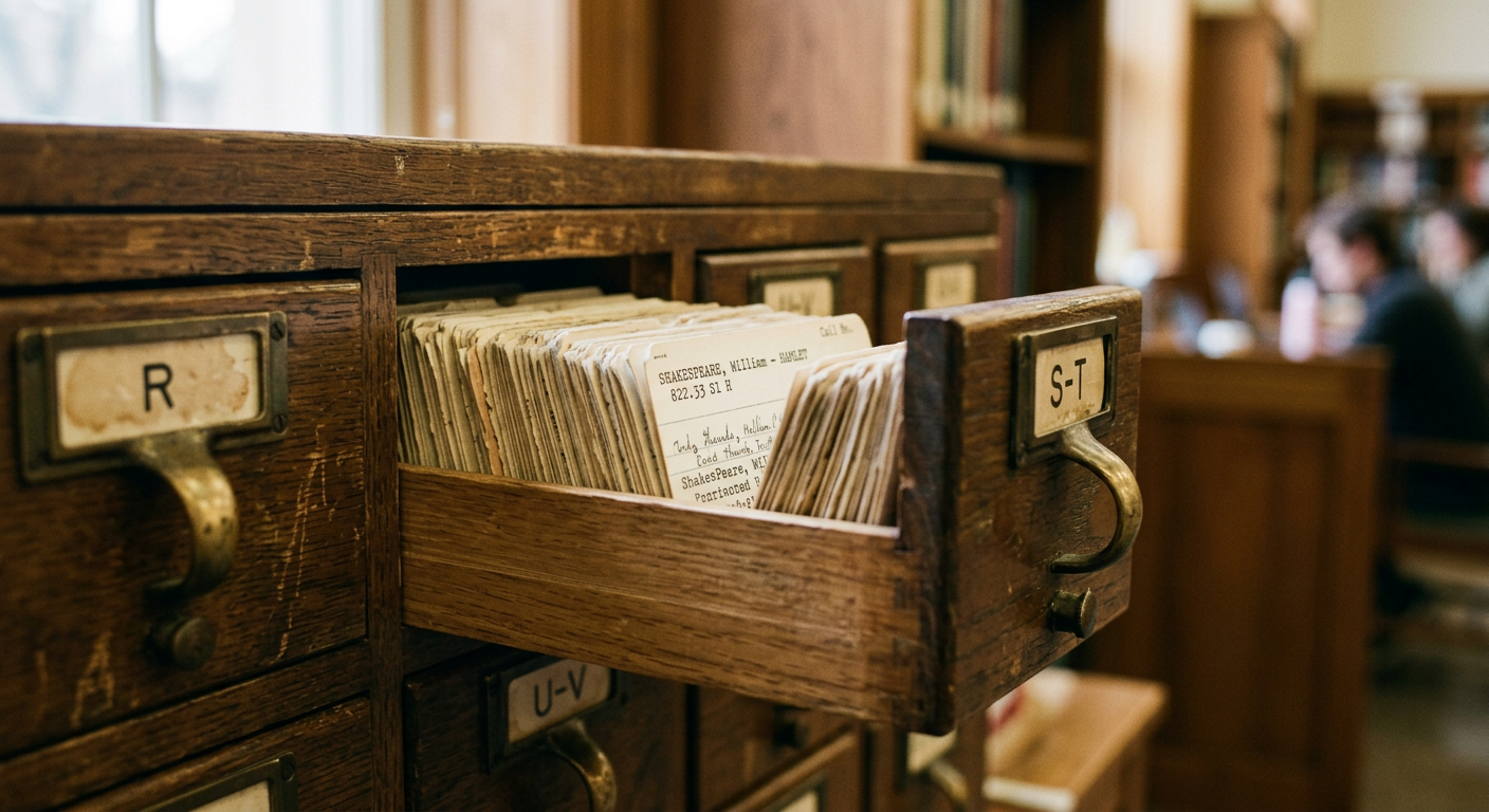 A close-up of a wall-mounted glass and wooden cabinet containing hundreds of small indexed paper cards in a library.