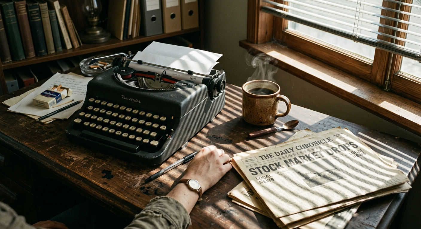 A vintage desk with a heavy manual typewriter, a cup of black coffee, and a stack of morning newspapers under morning sunlight.