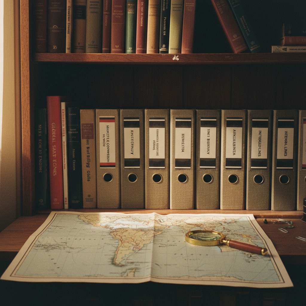 Libros de referencia técnica y archivistas organizados en una estantería de madera oscura, representando la estructura de datos.