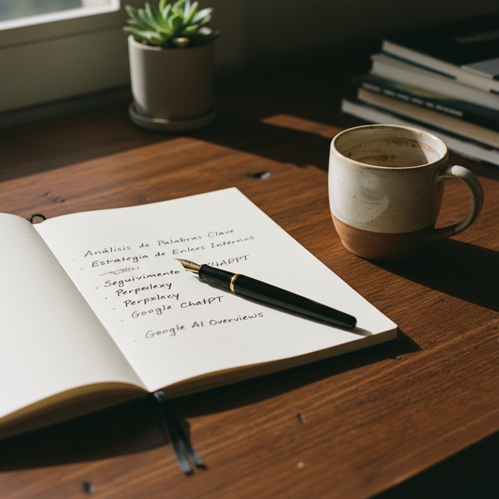 Primer plano de un escritorio de trabajo con una libreta de notas de cuero, una pluma estilográfica y una taza de café de cerámica sobre una mesa de madera rústica en Santiago.