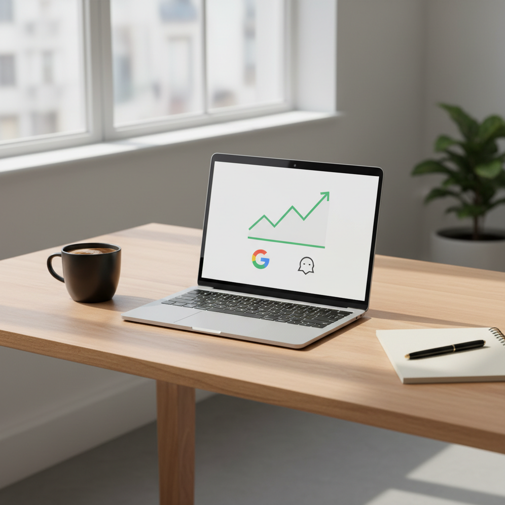A modern workspace with a clean wooden desk showing a dashboard of search engine data and growth charts.