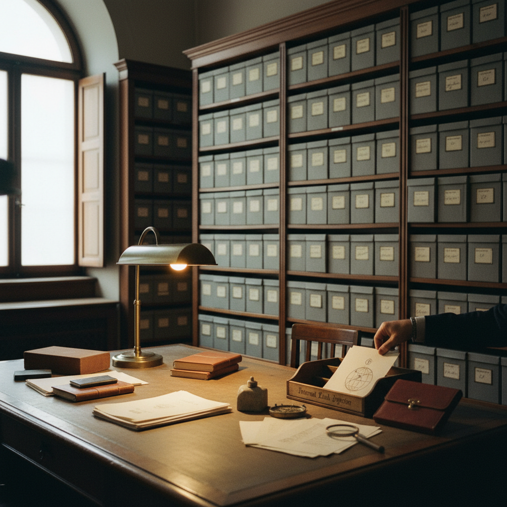 Un archivio storico con scaffali in legno pieni di faldoni e documenti, simbolo dell'organizzazione e dell'indicizzazione dei dati.