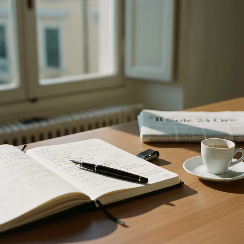 Un dettaglio di una scrivania da lavoro a Milano con un taccuino aperto, una tazza di caffè espresso e una copia del Sole 24 Ore, illuminata dalla luce del mattino.