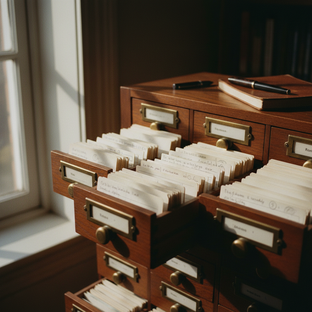 A close-up of a well-organized technical library archive with wooden drawers and handwritten index cards.