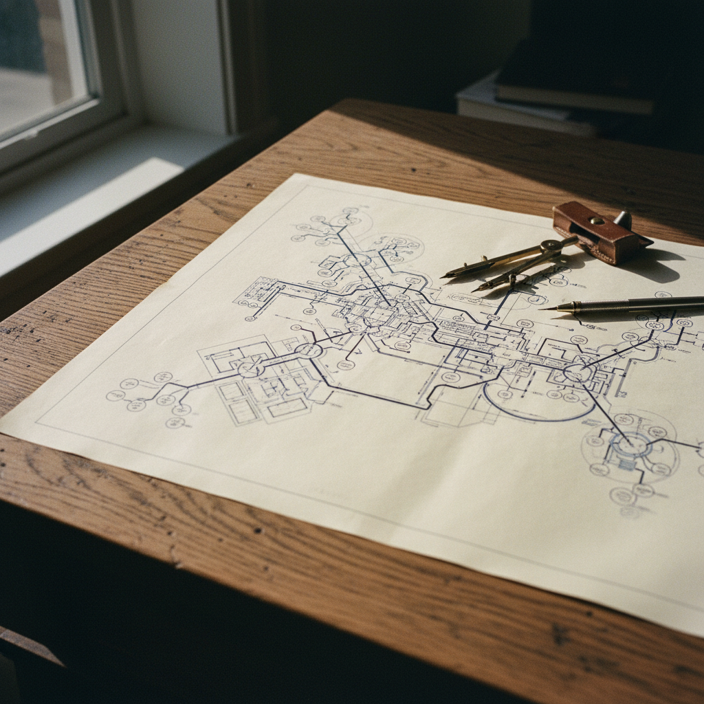 A technical architectural blueprint spread out on a desk with drafting tools.