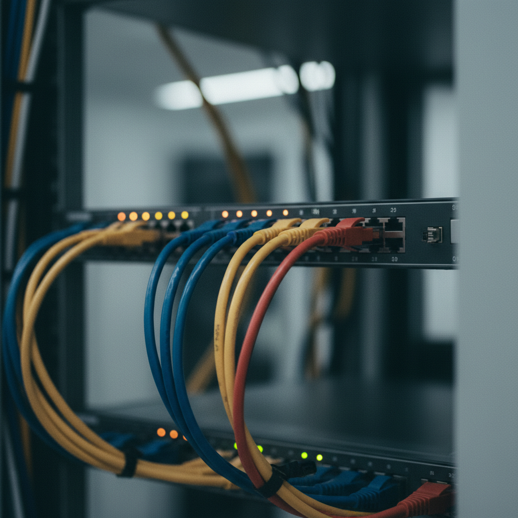 A server rack with neatly organized network cables plugged into switches.