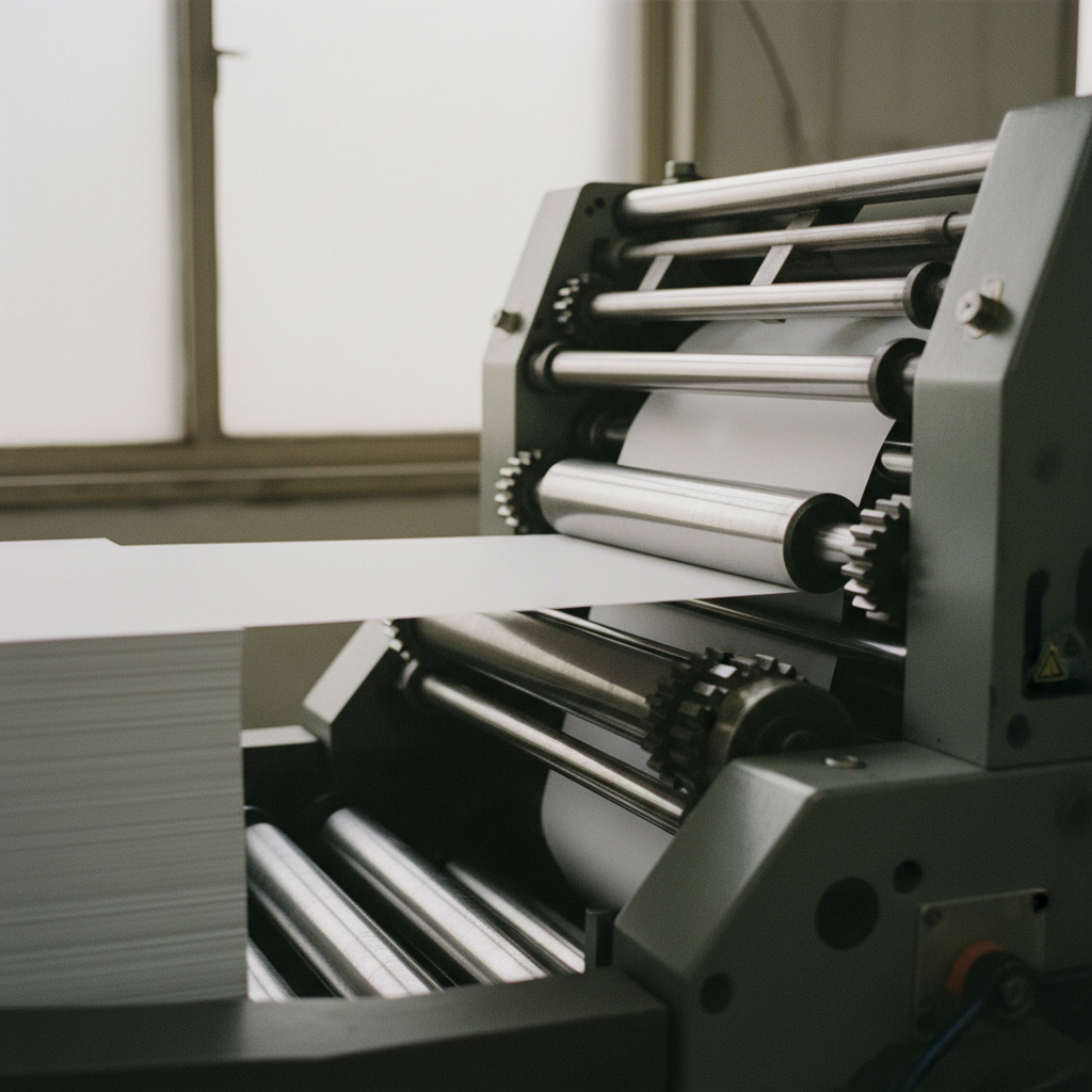 A printing press machine in operation, with a sheet of paper feeding through the rollers.