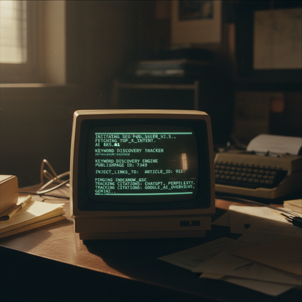 A close-up of a vintage computer terminal displaying green lines of code in a dimly lit room.