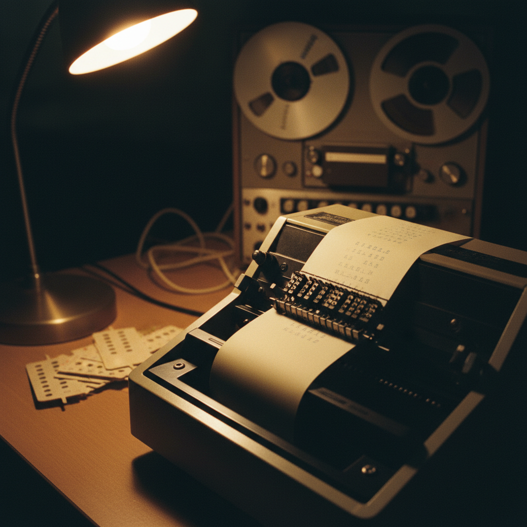 A close-up shot of a vintage teletype machine printing out lines of code on a continuous roll of paper, symbolizing the evolution from old data to new AI-driven content.