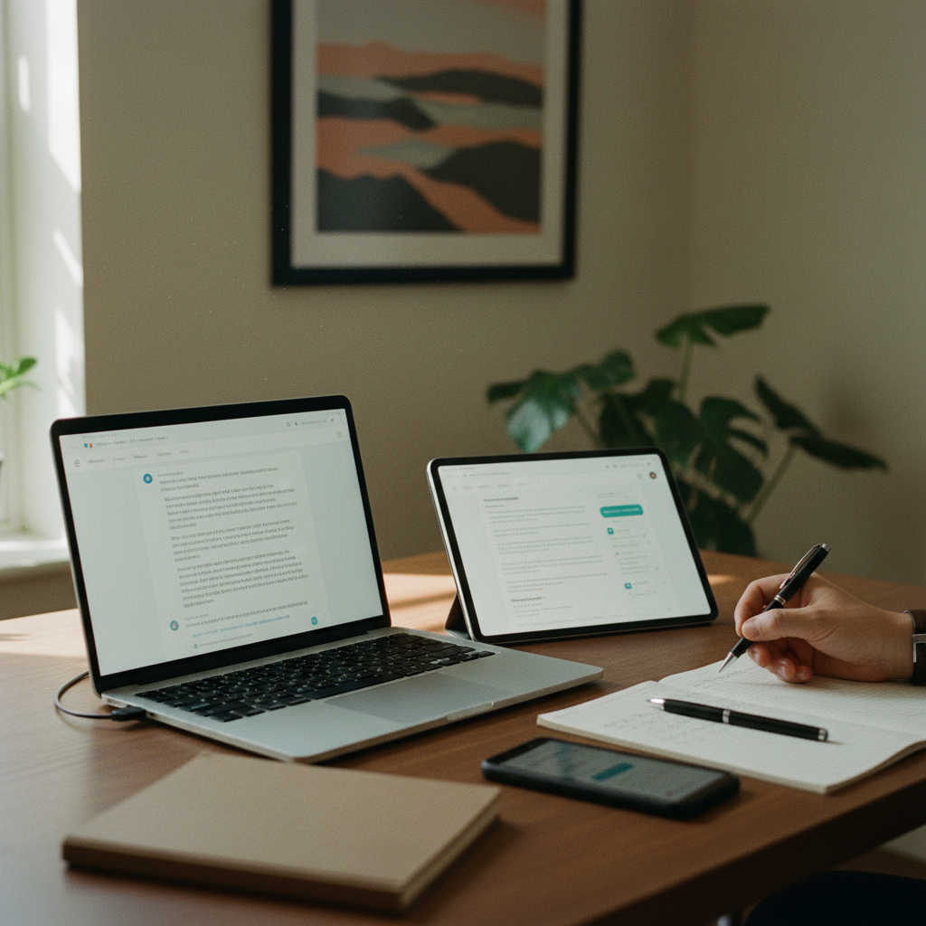 A collection of different sized screens—a phone, a tablet, and a laptop—all displaying different AI engine interfaces on a clean desk.