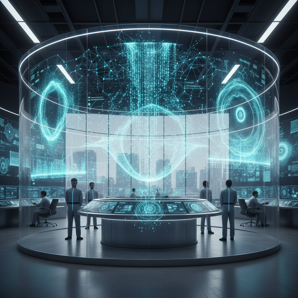 A sophisticated control room with holographic maps showing global search data nodes connecting across continents.