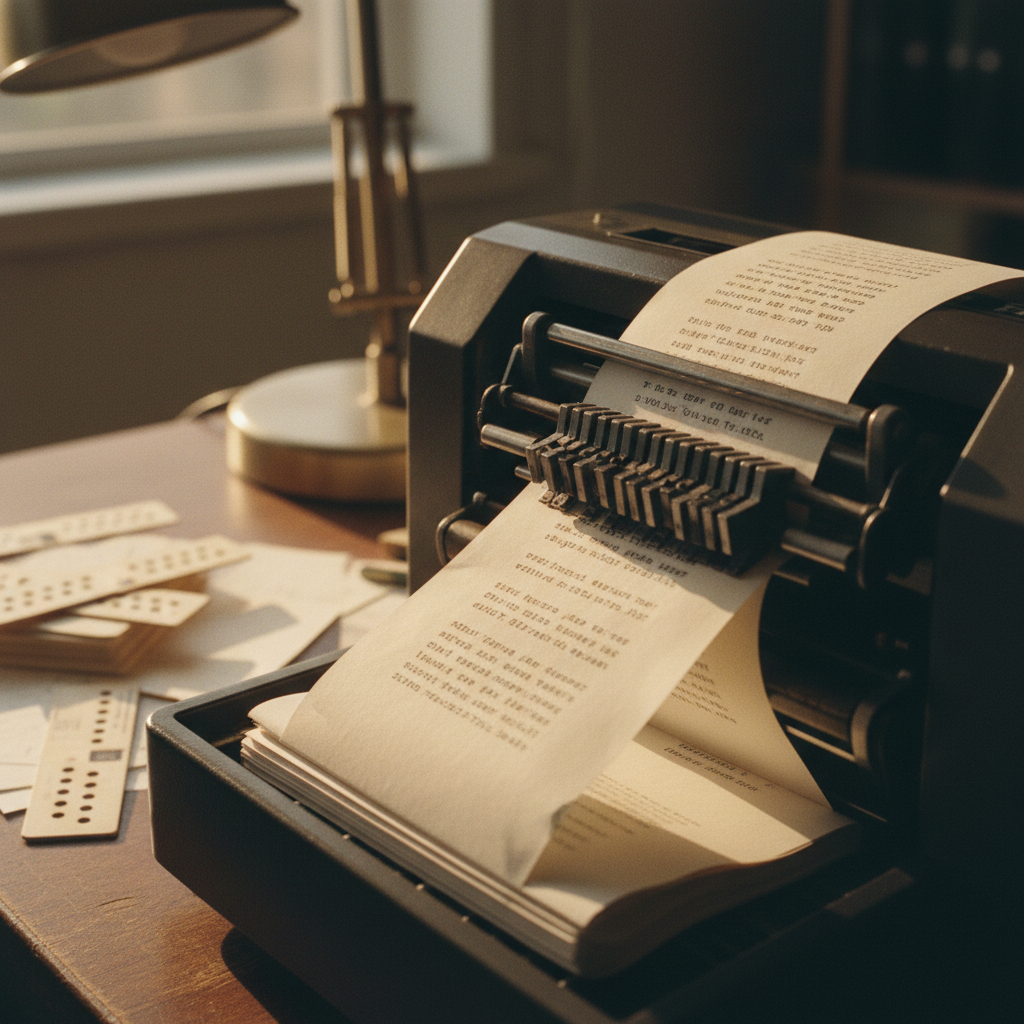 A close-up of a vintage teletype machine printing out lines of code onto a continuous roll of paper, illuminated by a warm desk lamp in a dimly lit office.