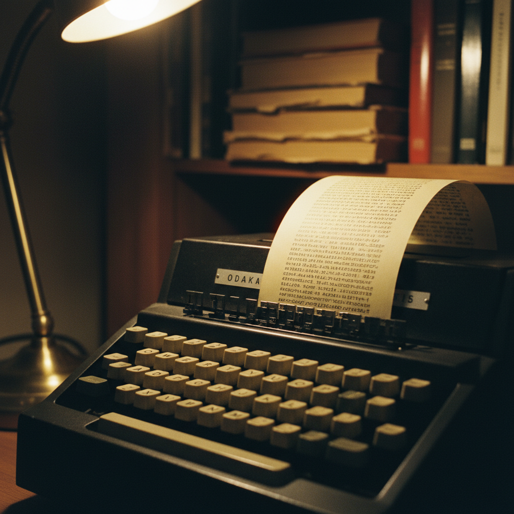 A close-up of a vintage teletype machine printing code onto a continuous roll of paper, illuminated by a warm desk lamp in a dimly lit room.
