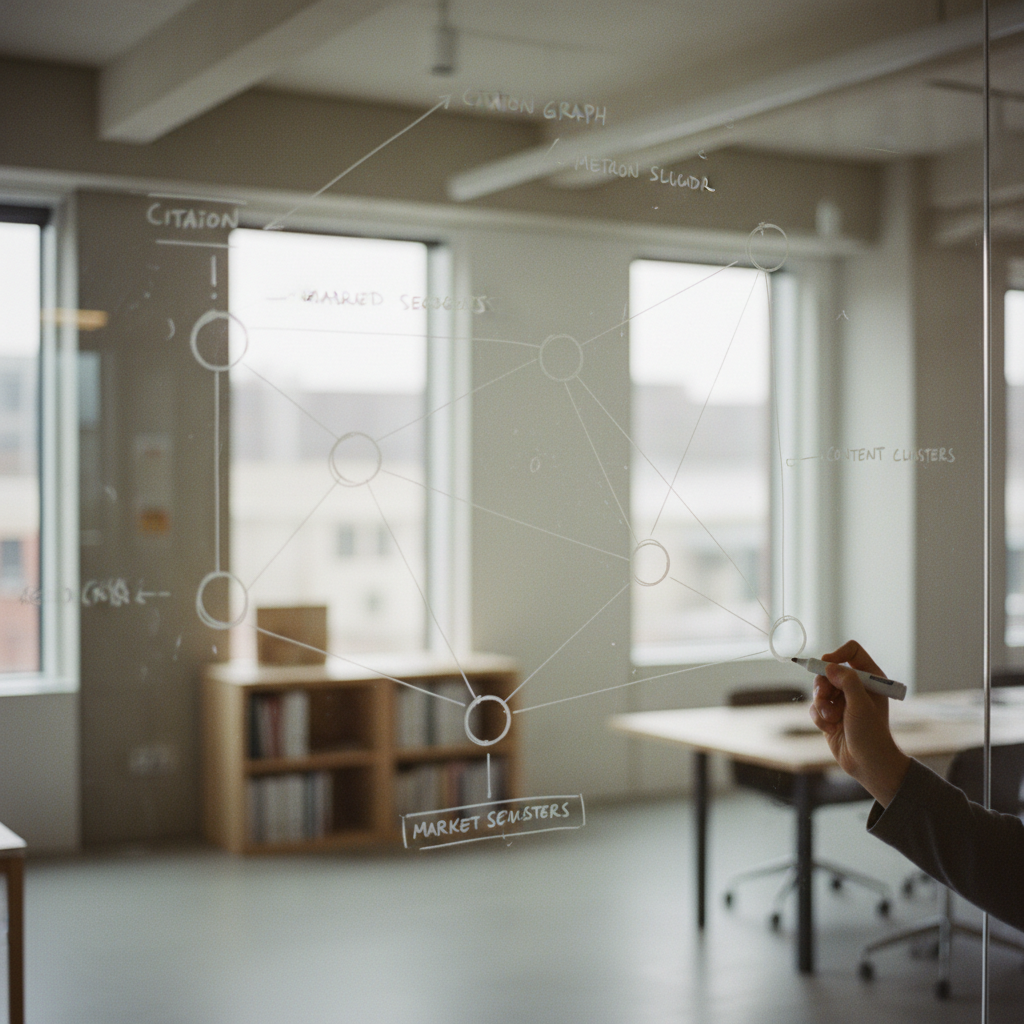 A network graph of interconnected nodes drawn with a white marker on a large glass wall in an office.