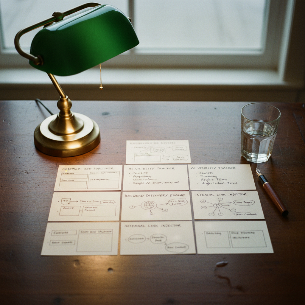 A well-organized index card system for content planning, with handwritten notes under a desk lamp.