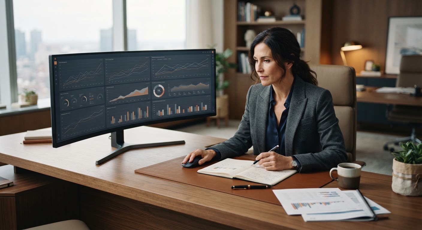 Executive reviewing AI answer engine citation diagnostics and conversion logs on a high-resolution display.