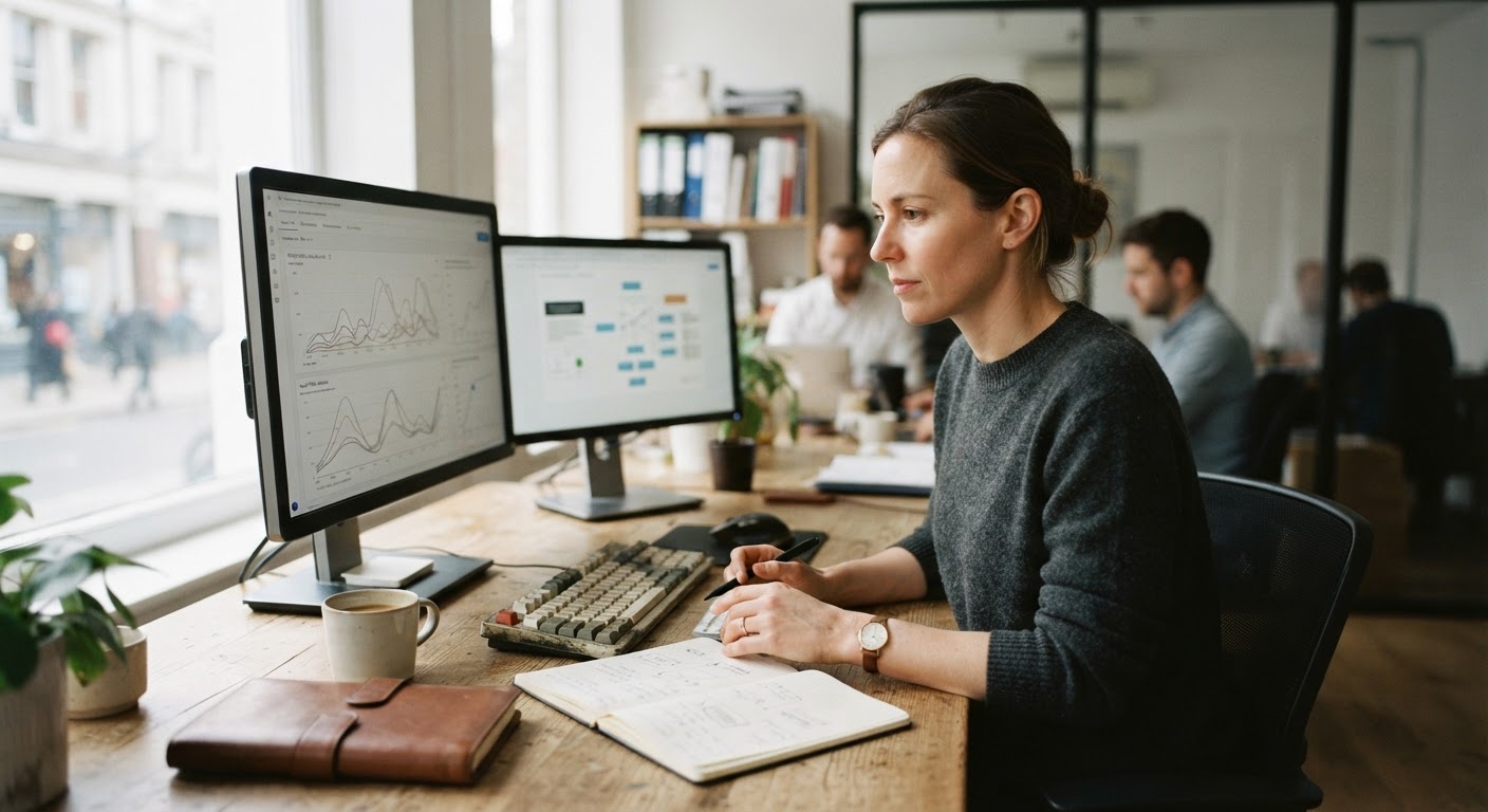 Digital strategist analyzing organic search traffic dashboards and schema architectures on a monitor in a modern studio.