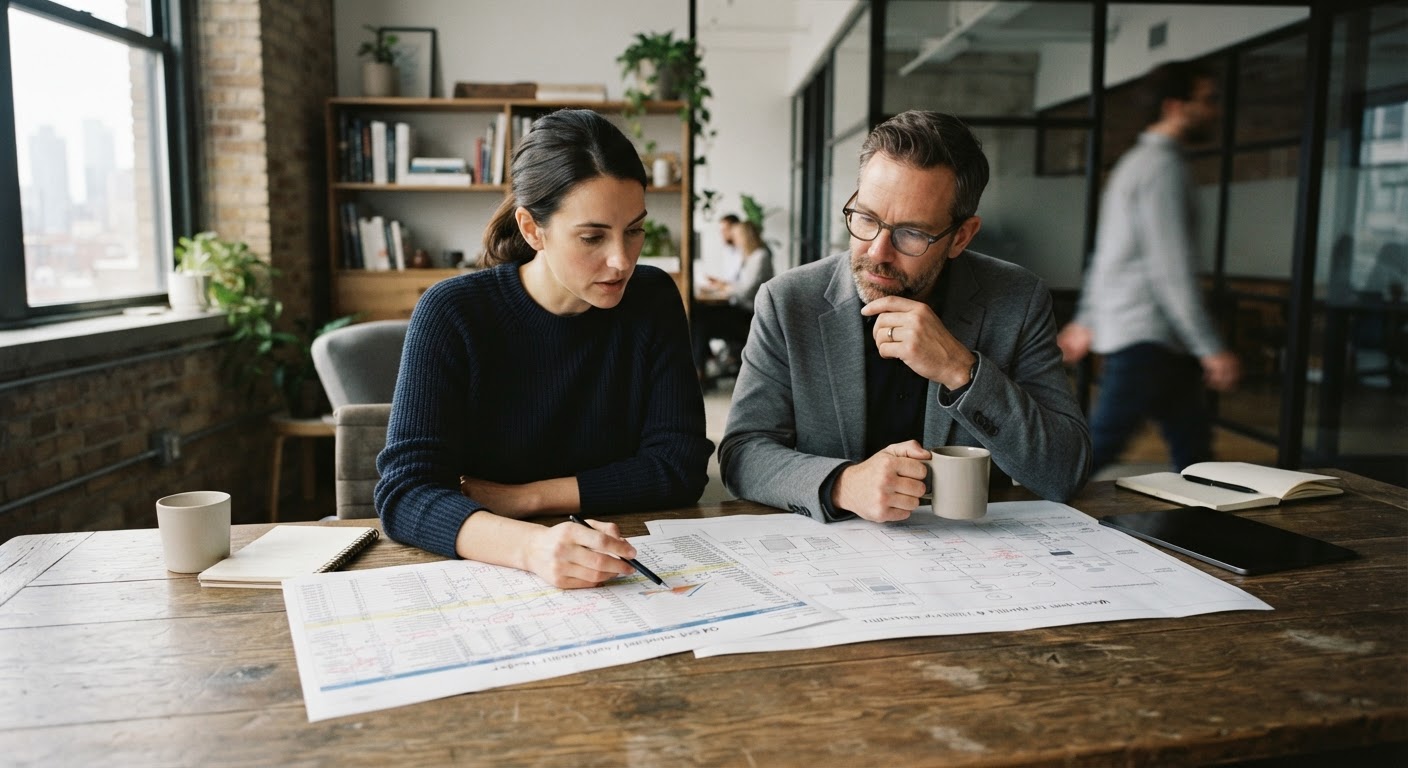 Senior consultants collaborating around a conference table planning B2B enterprise visibility and indexing strategies.