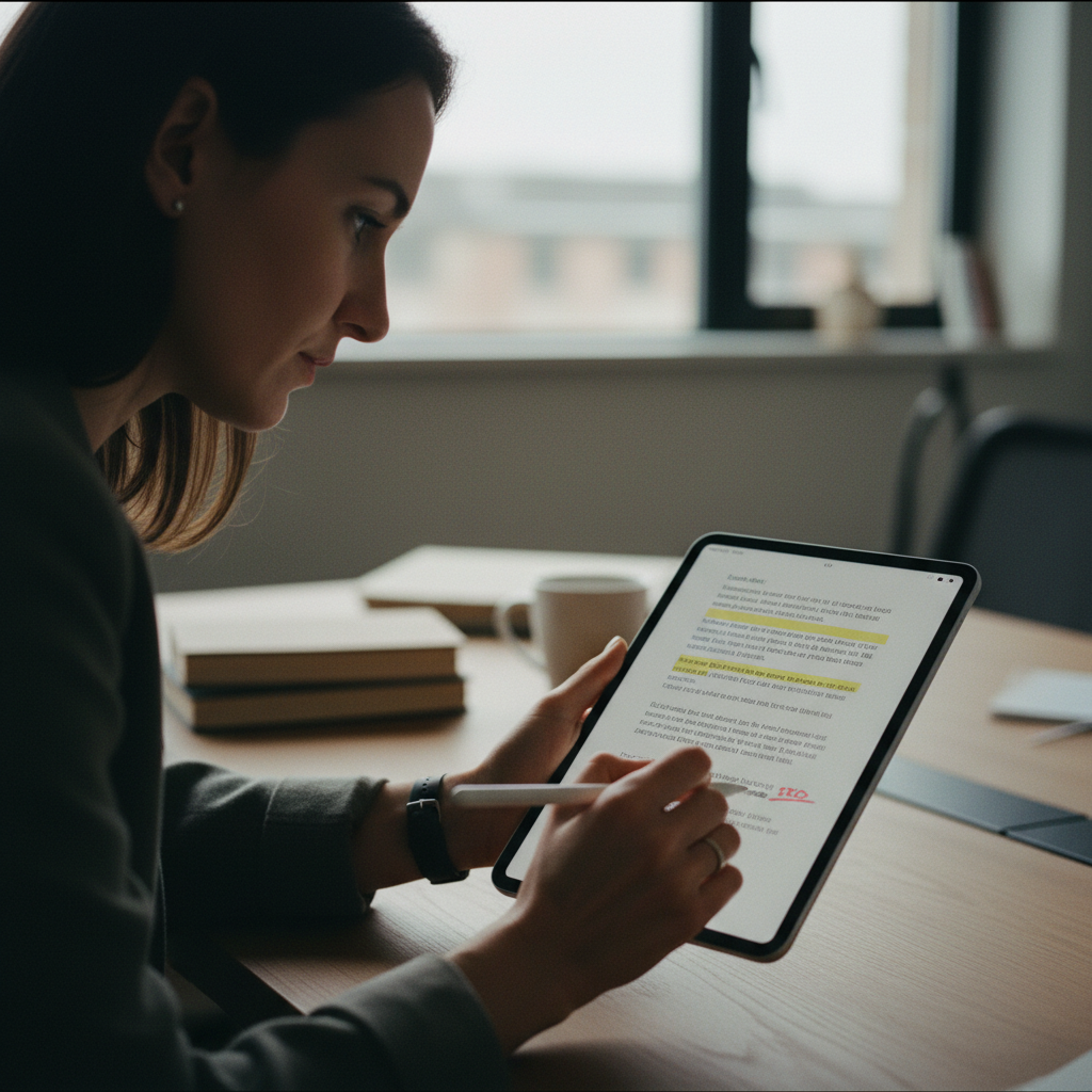 Close-up of a content expert reviewing AI-generated content on a tablet with Kadriva's human-AI synthesis workflow.