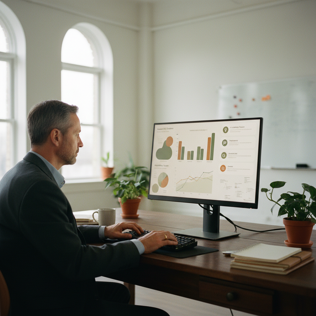Senior SEO strategist analyzing Kadriva dashboard with AI content performance metrics and keyword insights.