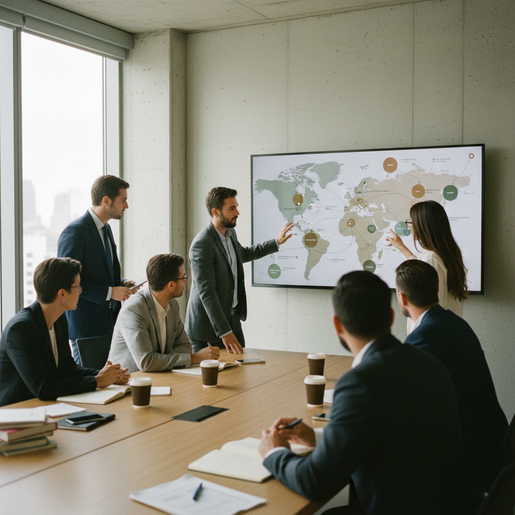 Kadriva's global content scaling strategy depicted with multi-region data visualization on a large screen.