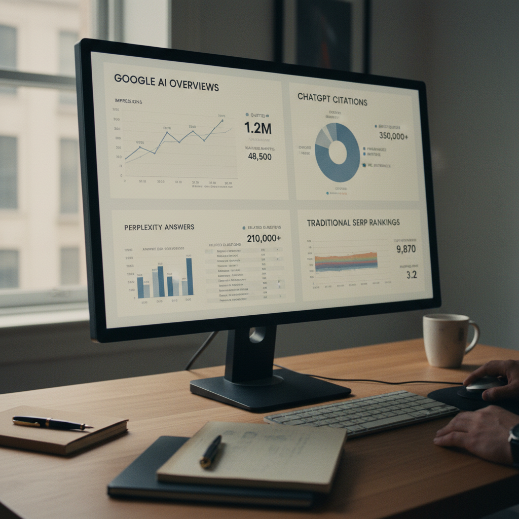 Kadriva's unified dashboard displaying content visibility across Google AI Overviews, ChatGPT, and traditional SERPs.