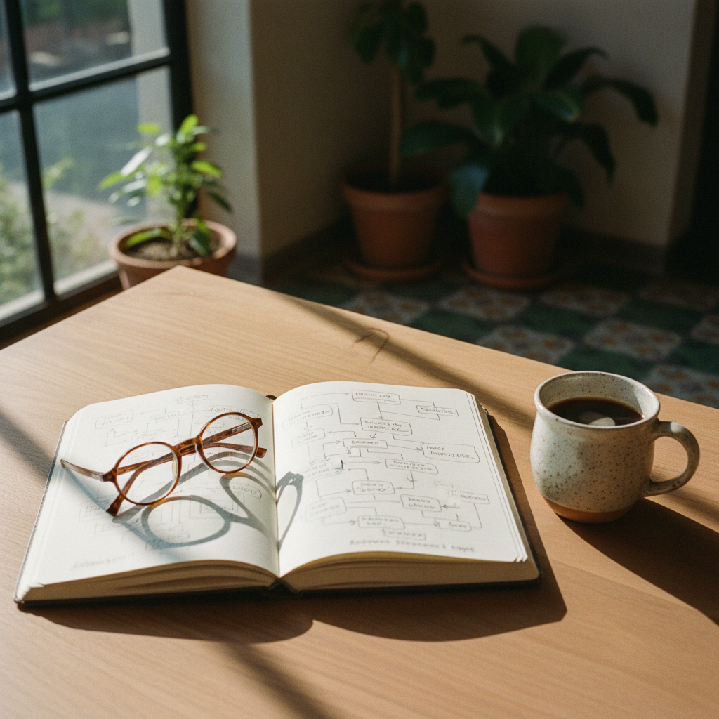 Escritorio de madera con planos técnicos, una libreta de notas y luz natural de tarde en una oficina en la Ciudad de México.