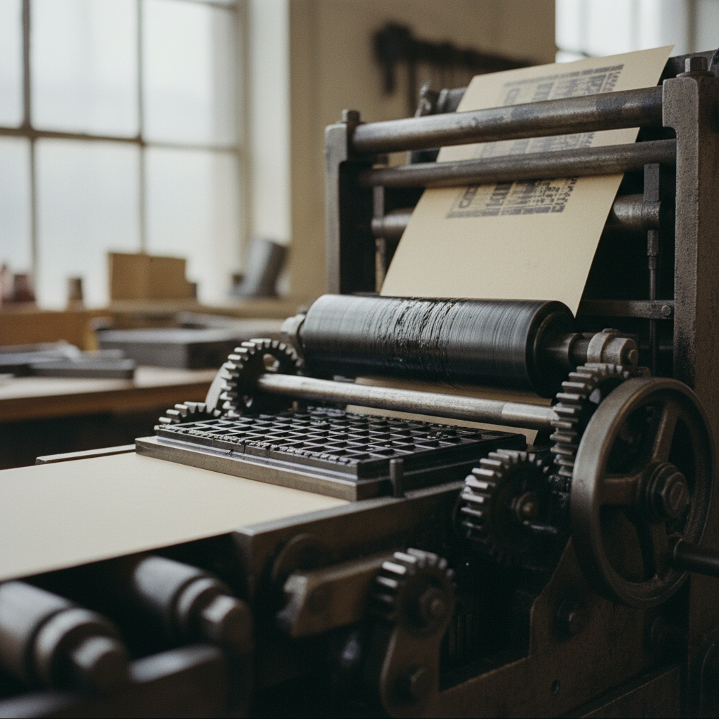 Une presse typographique en action avec des caractères en plomb et de l'encre fraîche.
