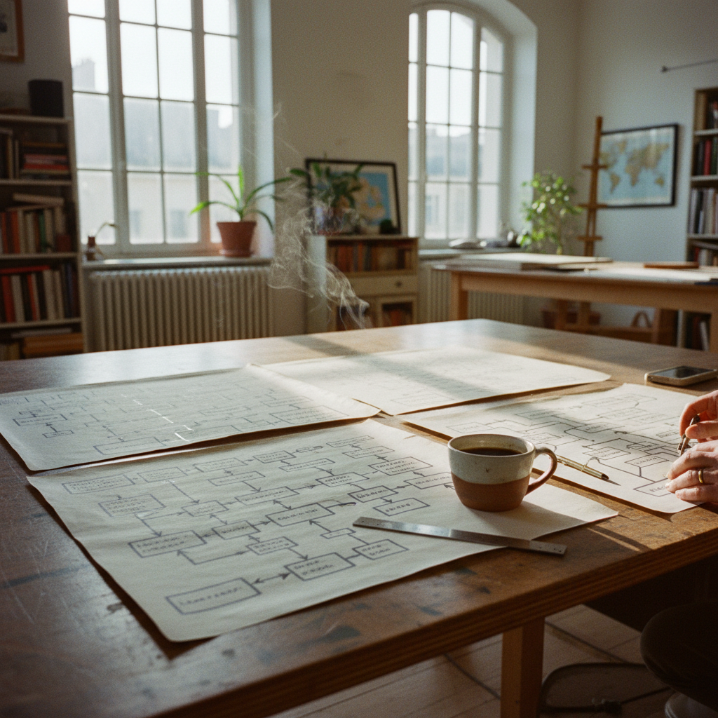 Un bureau d'architecte avec des plans détaillés, une règle en acier et une tasse de café noir, lumière du matin.