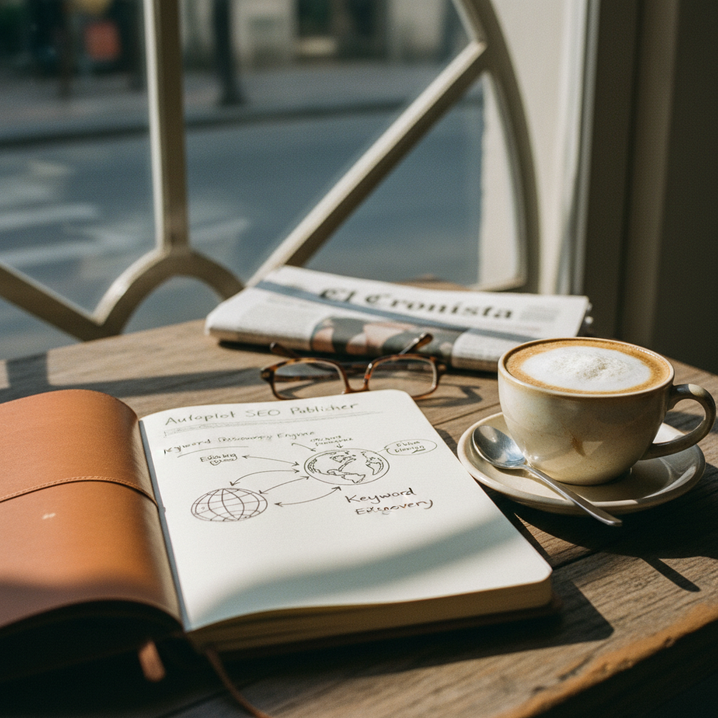 Primer plano de un escritorio de madera con una libreta de cuero, un café y un diario económico argentino abierto.