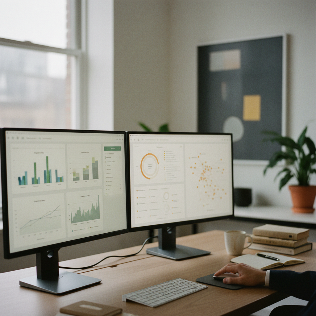 A multi-screen setup displaying integrated dashboards, one showing traditional SEO metrics and another showing AI visibility data, demonstrating a holistic strategy.