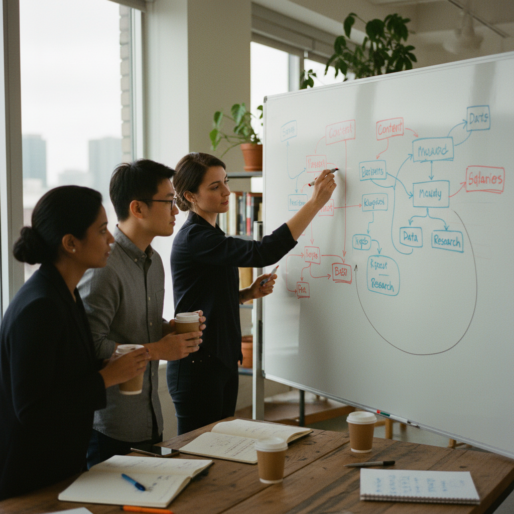 A team of strategists collaborating around a whiteboard, sketching out content strategies that cater to both human readers and AI algorithms for improved search visibility.