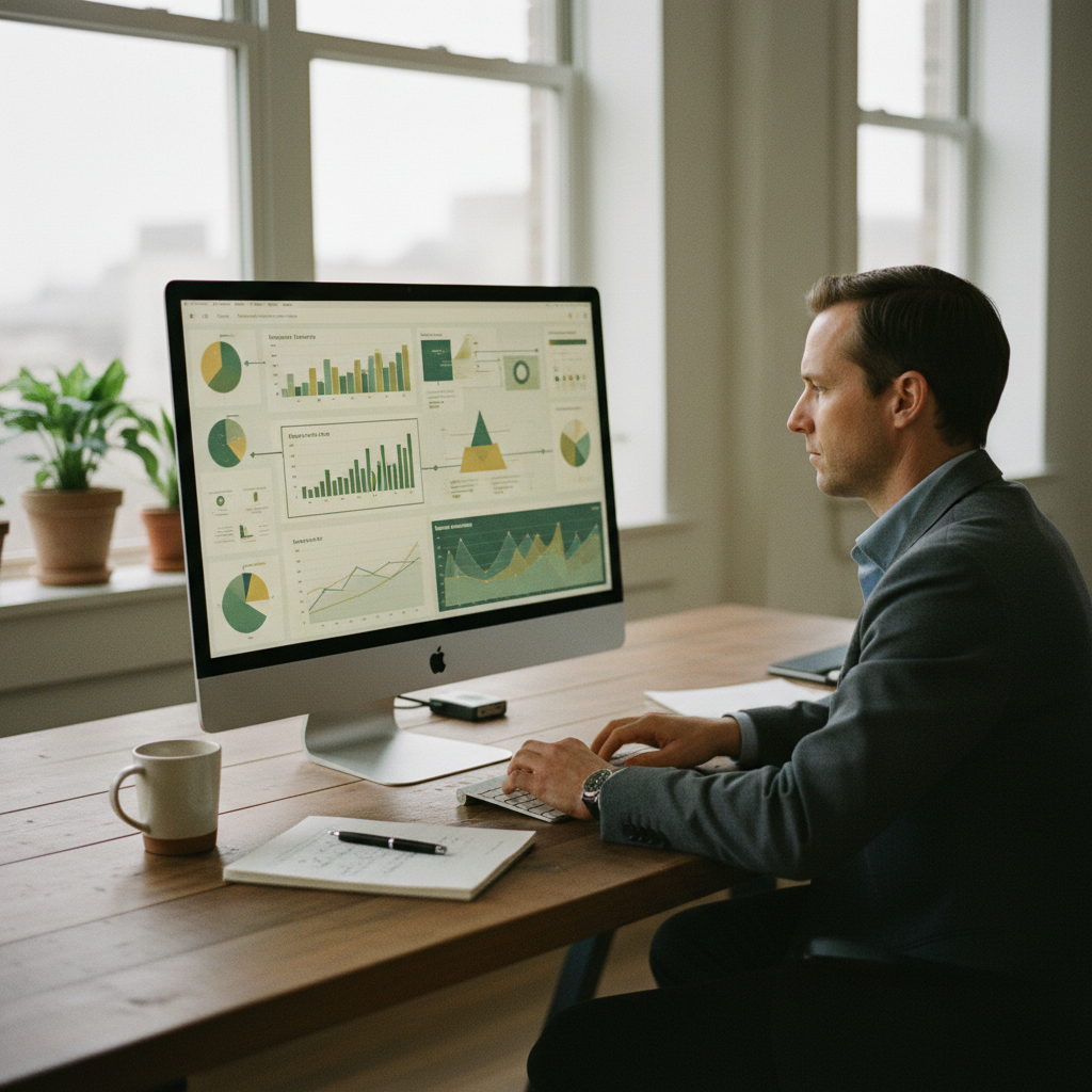 A professional looking at a complex digital dashboard showing graphs and data points related to search performance and AI metrics, representing Kadriva's visibility tracking.